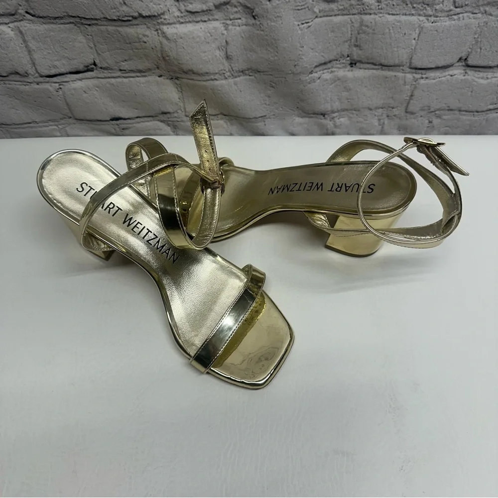 Stuart Weitzman Metallic Gold Block Heel Sandals Sz 7.5